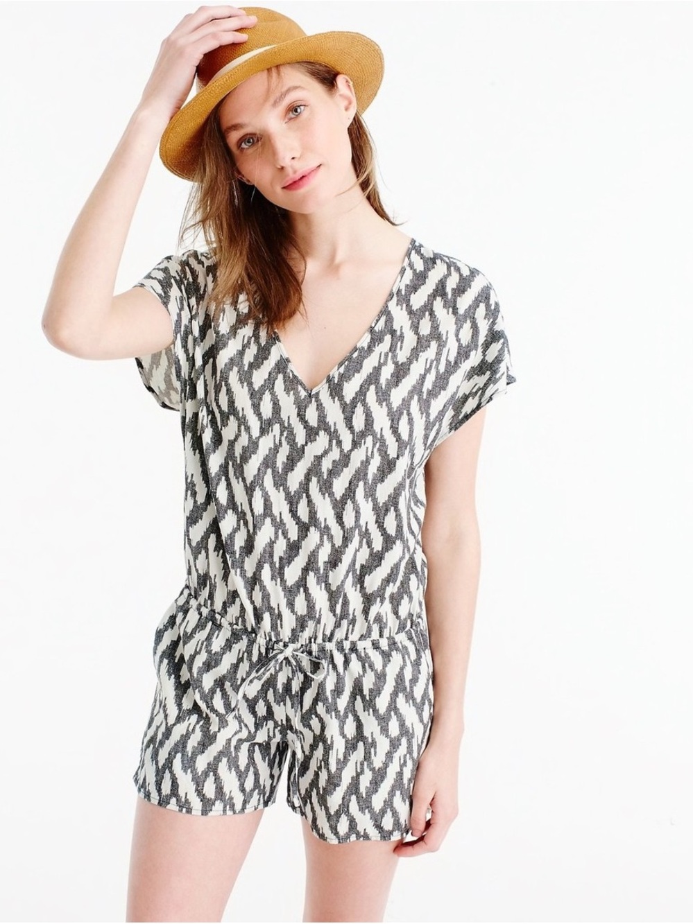 J. Crew White and Gray Patterned V-Neck Romper Size Small